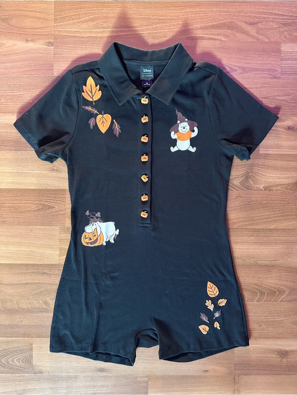 Disney Black Winnie The Pooh Polo Romper with Orange Pumpkin 🎃 Buttons